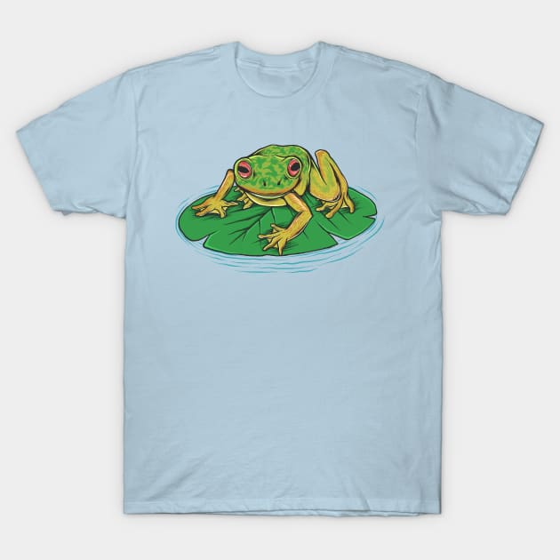 frog on leaf in water T-Shirt by Mako Design 